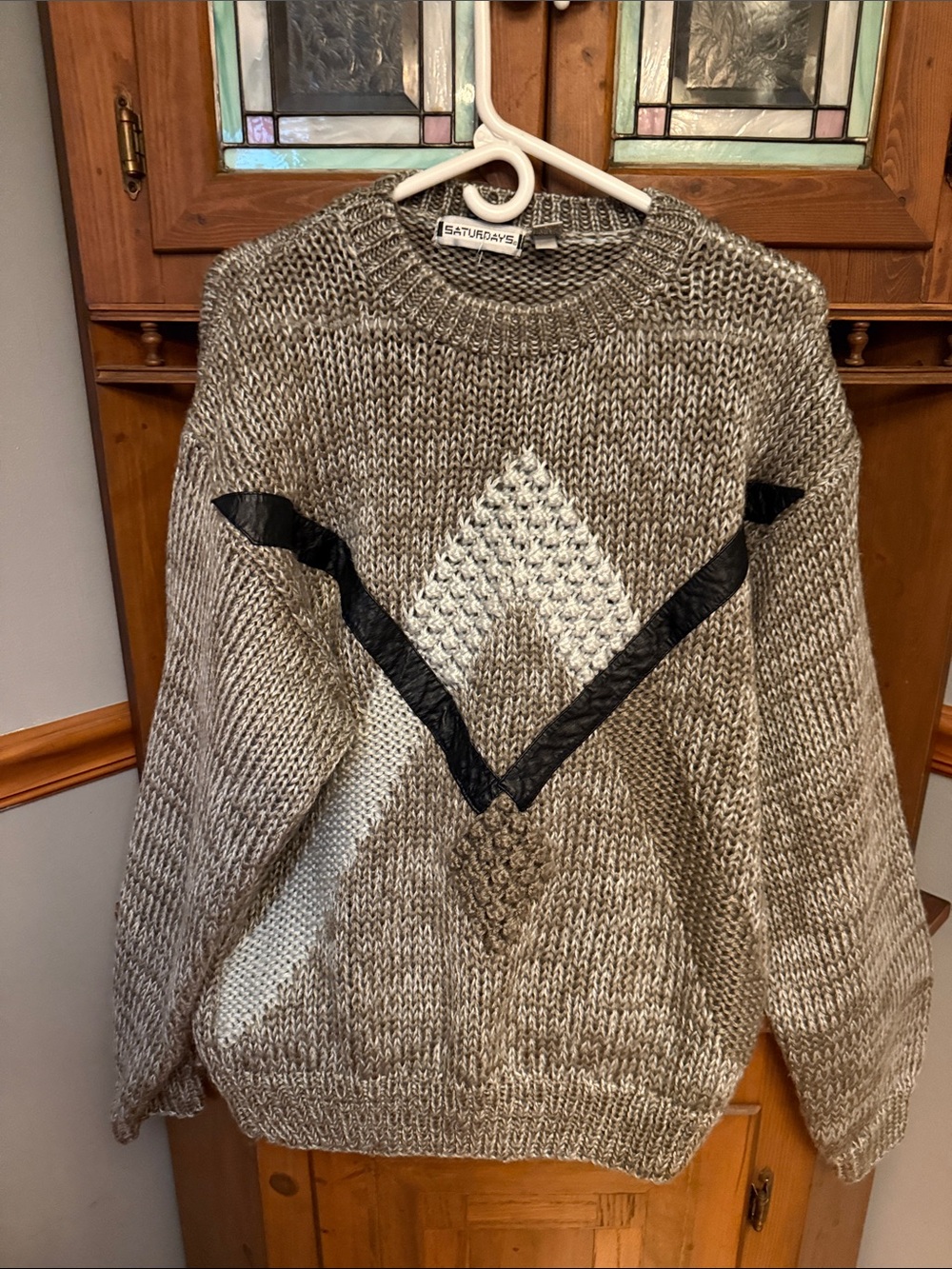 Vintage 1989 Saturdays Unisex Chunky Knit textured leather trim Sweater M